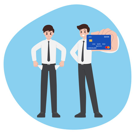 A poor businessman stand and feel worried about his financial situation. But another person showed his credit card and had financially confident.のイラスト素材