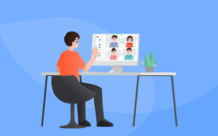 Video conference meeting online illustration flat design concept. People group on computer screen taking with worker. Leader work from home meeting online with employees on a personal computer.のイラスト素材