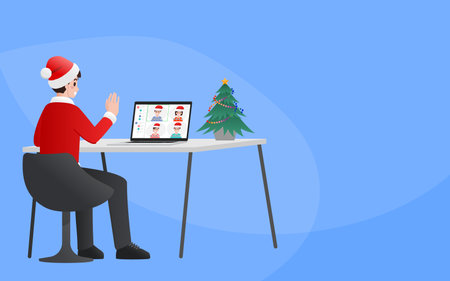 Merry Christmas video conference meeting online illustration flat design concept. People group on computer screen taking with friends. Wish from home meeting online with people on a personal computer.のイラスト素材