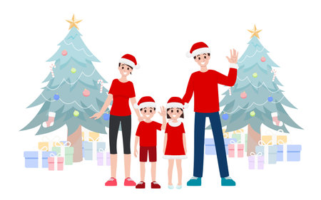 Cartoon vector illustration of a Family father mother and children celebrating the New Year holiday at home with decorated pine tree and gift box. Parents son and daughter standing to Merry Christmas.のイラスト素材