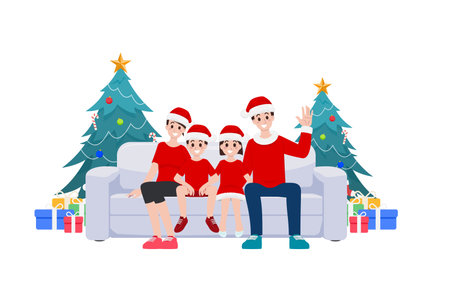 Cartoon vector illustration of a Family father and mother celebrating New Year holiday at home scene with decorate pine tree and gift box. Parents son and daughter sitting on sofa to Merry Christmas.のイラスト素材