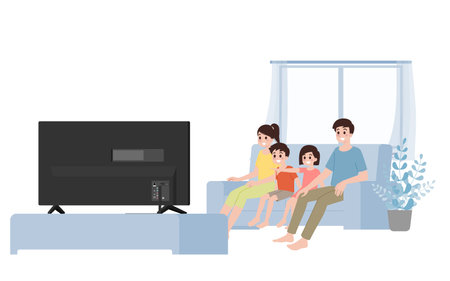 Happy family watching tv together isolated on white background. Parents mother and father watch television with son and daughter children sitting on a sofa with cozy relaxing.のイラスト素材
