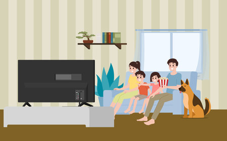 Happy family watching tv together isolated on white background. Parents mother and father watch television with son and daughter children sitting on a sofa with cozy relaxing.のイラスト素材