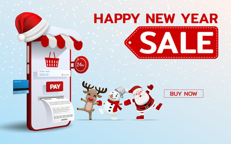 Online shopping in Merry Christmas, Happy new year theme with Santa Claus snowman and reindeer 3d perspective vector design. Trading online by credit card convenience to customers who use the service.のイラスト素材
