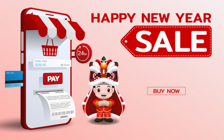 Online shopping in Merry Christmas, Happy new year theme with cute Chinese boy wearing lion hat 3d perspective vector design. Trading online by credit card convenience to customer who use the service.のイラスト素材