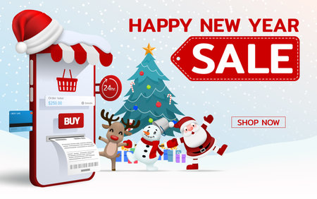 Online shopping in Merry Christmas, Happy new year theme with Santa Claus snowman and reindeer 3d perspective vector design. Trading online by credit card convenience to customers who use the service.のイラスト素材