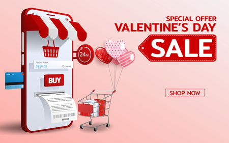 Online shopping in Happy Valentines Day theme with heart balloons and shopping cart 3d perspective vector design. Trading online by credit card convenience to customer who use the service.のイラスト素材