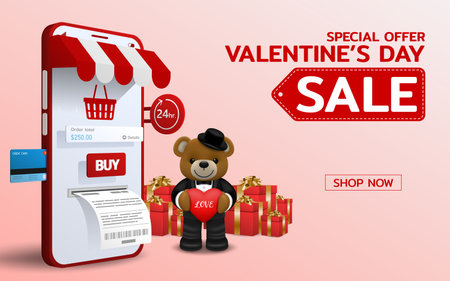 Online shopping in Happy Valentines Day theme with cute bear and gift box 3d perspective vector design. Trading online by credit card convenience to customer who use the service.のイラスト素材