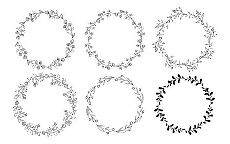 Set of hand drawn doodle round floral wreaths frames. Flower line and leaf circle frames design elements for wedding, mothers day, birthday, invitations.のイラスト素材