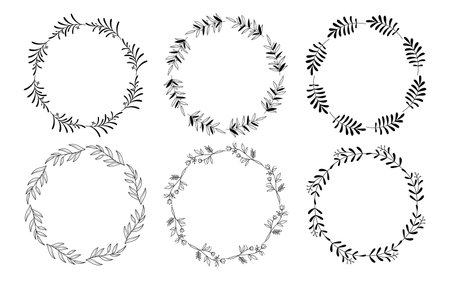 Set of hand drawn doodle round floral wreaths frames. Flower line and leaf circle frames design elements for wedding, mothers day, birthday, invitations.のイラスト素材
