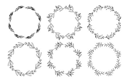 Set of hand drawn doodle round floral wreaths frames. Flower line and leaf circle frames design elements for wedding, mothers day, birthday, invitations.のイラスト素材