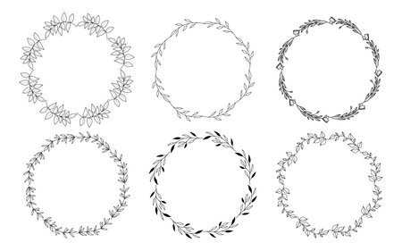 Set of hand drawn doodle round floral wreaths frames. Flower line and leaf circle frames design elements for wedding, mothers day, birthday, invitations.のイラスト素材