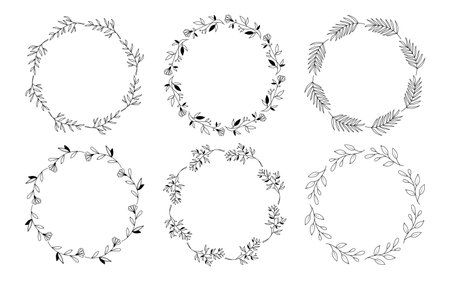 Set of hand drawn doodle round floral wreaths frames. Flower line and leaf circle frames design elements for wedding, mothers day, birthday, invitations.のイラスト素材