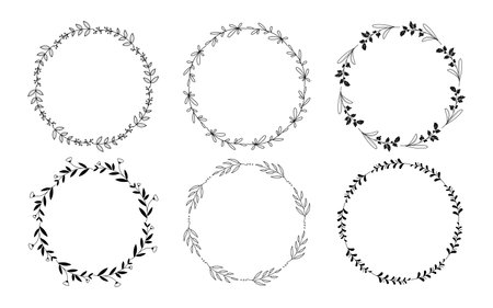 Set of hand drawn doodle round floral wreaths frames. Flower line and leaf circle frames design elements for wedding, mothers day, birthday, invitations.のイラスト素材
