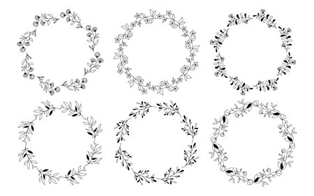 Set of hand drawn doodle round floral wreaths frames. Flower line and leaf circle frames design elements for wedding, mothers day, birthday, invitations.のイラスト素材