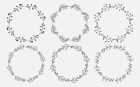 Set of hand drawn doodle round floral wreaths frames. Flower line and leaf circle frames design elements for wedding, mothers day, birthday, invitations.のイラスト素材