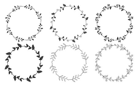 Set of hand drawn doodle round floral wreaths frames. Flower line and leaf circle frames design elements for wedding, mothers day, birthday, invitations.のイラスト素材