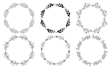 Set of hand drawn doodle round floral wreaths frames. Flower line and leaf circle frames design elements for wedding, mothers day, birthday, invitations.のイラスト素材