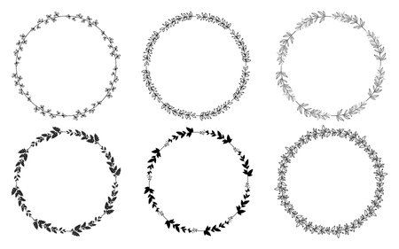 Set of hand drawn doodle round floral wreaths frames. Flower line and leaf circle frames design elements for wedding, mothers day, birthday, invitations.のイラスト素材