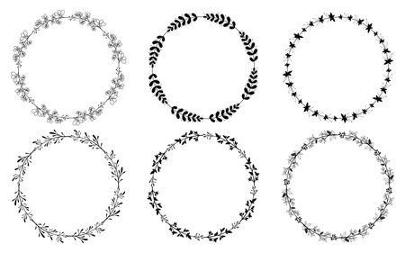 Set of hand drawn doodle round floral wreaths frames. Flower line and leaf circle frames design elements for wedding, mothers day, birthday, invitations.のイラスト素材