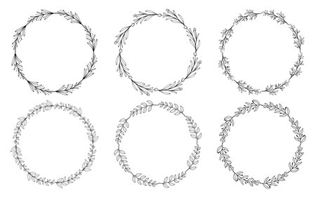 Set of hand drawn doodle round floral wreaths frames. Flower line and leaf circle frames design elements for wedding, mothers day, birthday, invitations.のイラスト素材