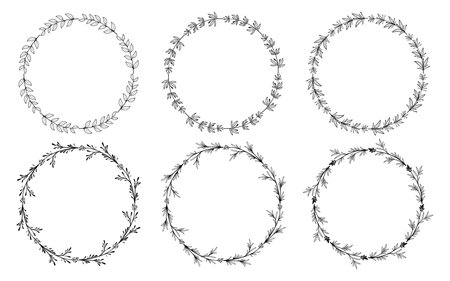 Set of hand drawn doodle round floral wreaths frames. Flower line and leaf circle frames design elements for wedding, mothers day, birthday, invitations.のイラスト素材