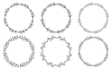 Set of hand drawn doodle round floral wreaths frames. Flower line and leaf circle frames design elements for wedding, mothers day, birthday, invitations.のイラスト素材
