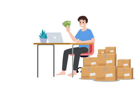 A happy man sits at his desk delighted with his profits from online sales and there are stack of several boxes in front of him. The showing concept of the Internet commerce.のイラスト素材