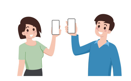A young man and a woman smile and show a modern smart phone about an information or advertising. Cartoon characters pointing in various poses.のイラスト素材