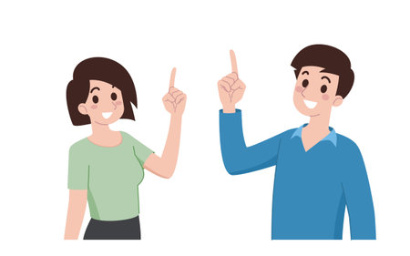 A young man and a woman smile and point gesture their finger on direction up to show a product or a banner about an advertisement. Cartoon characters pointing in various poses.のイラスト素材