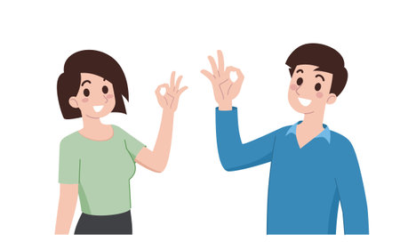 A young man and a woman smile and do the hand gesture ok or feel fine sign. Cartoon characters show their hands to prove the product or goods is good quality for advertising.のイラスト素材