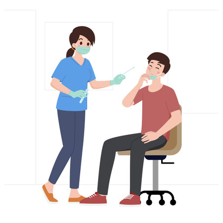 A doctor or nurse is about to do a nose swab test for a patient who comes to the hospital to check for a coronavirus infection. Cartoon character health concept isolated on white background.のイラスト素材