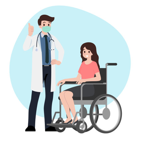 Patient man sit on a wheel chair with primary care physician woman at hospital office. Clinic appointment meeting with doctor, giving medical care about checkup results. Vector character illustration.のイラスト素材