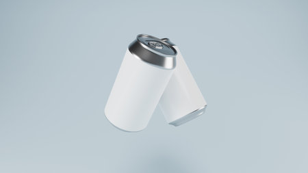 Aluminum cans with blank white label to decorate and edit. The product for a refreshing beverage or beer or soft drink isolated on a white background.の写真素材