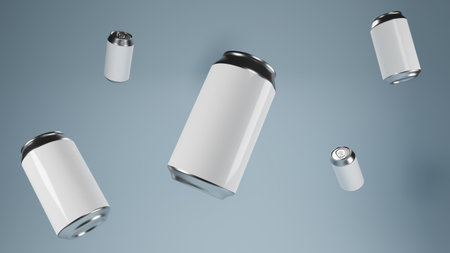 Aluminum cans with blank white label to decorate and edit. The product for a refreshing beverage or beer or soft drink isolated on a white background.の写真素材