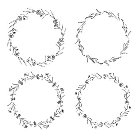 Set of hand drawn doodle round floral wreaths frames. Flower line and leaf circle frames design elements for wedding, mothers day, birthday, invitations.のイラスト素材
