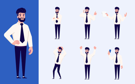 Set of Flat design businessman in many gesture isolated on white background. Business people in different pose in workplace. Character with separate body part for easy to animate in animation program.のイラスト素材
