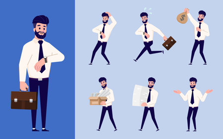 Set of Flat design businessman in many gesture isolated on white background. Business people in different pose in workplace. Character with separate body part for easy to animate in animation program.のイラスト素材