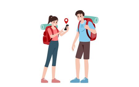Group of young tourist characters. Traveling tourists with travel backpack going on vacation trip after  virus was diminish. Vacation people isolated vector. Summer character, woman and man.のイラスト素材