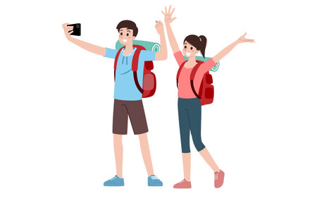 Group of young tourist characters. Traveling tourists with travel backpack going on vacation trip after  virus was diminish. Vacation people isolated vector. Summer character, woman and man.のイラスト素材