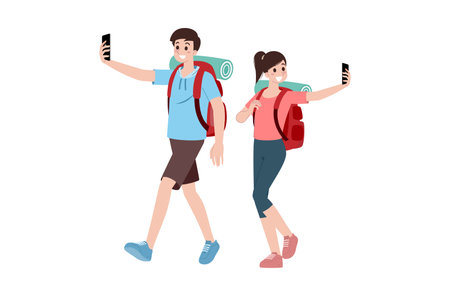 Group of young tourist characters. Traveling tourists with travel backpack going on vacation trip after  virus was diminish. Vacation people isolated vector. Summer character, woman and man.のイラスト素材
