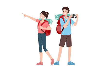 Group of young tourist characters. Traveling tourists with travel backpack going on vacation trip after  virus was diminish. Vacation people isolated vector. Summer character, woman and man.のイラスト素材