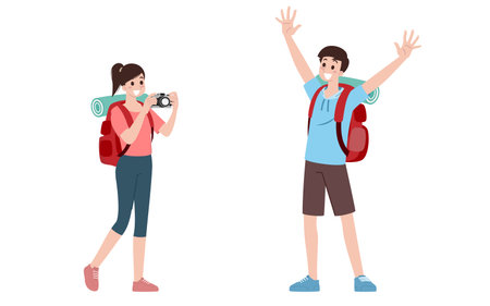 Group of young tourist characters. Traveling tourists with travel backpack going on vacation trip after  virus was diminish. Vacation people isolated vector. Summer character, woman and man.のイラスト素材