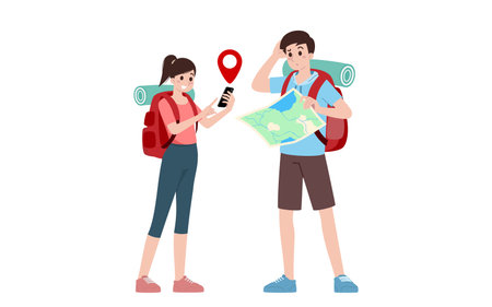 Group of young tourist characters. Traveling tourists with travel backpack going on vacation trip after  virus was diminish. Vacation people isolated vector. Summer character, woman and man.のイラスト素材