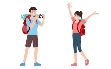 Group of young tourist characters. Traveling tourists with travel backpack going on vacation trip after  virus was diminish. Vacation people isolated vector. Summer character, woman and man.のイラスト素材