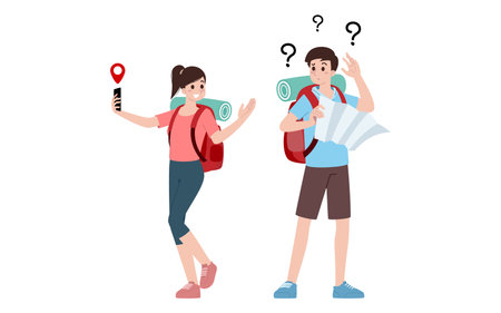 Group of young tourist characters. Traveling tourists with travel backpack going on vacation trip after  virus was diminish. Vacation people isolated vector.のイラスト素材
