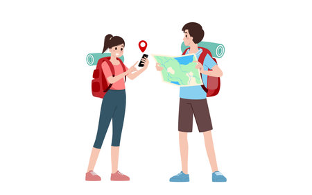 Group of young tourist characters. Traveling tourists with travel backpack going on vacation trip after  virus was diminish. Vacation people isolated vector. Summer character, woman and man.のイラスト素材