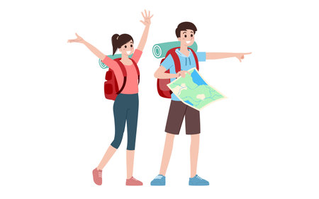 Group of young tourist characters. Traveling tourists with travel backpack going on vacation trip after  virus was diminish. Vacation people isolated vector. Summer character, woman and man.のイラスト素材