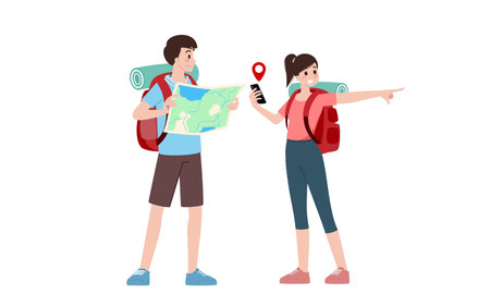 Group of young tourist characters. Traveling tourists with travel backpack going on vacation trip after  virus was diminish. Vacation people isolated vector. Summer character, woman and man.のイラスト素材