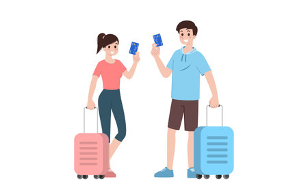 Group of young tourist characters. Traveling tourists with travel backpack going on vacation trip after  virus was diminish. Vacation people isolated vector. Summer character, woman and man.のイラスト素材
